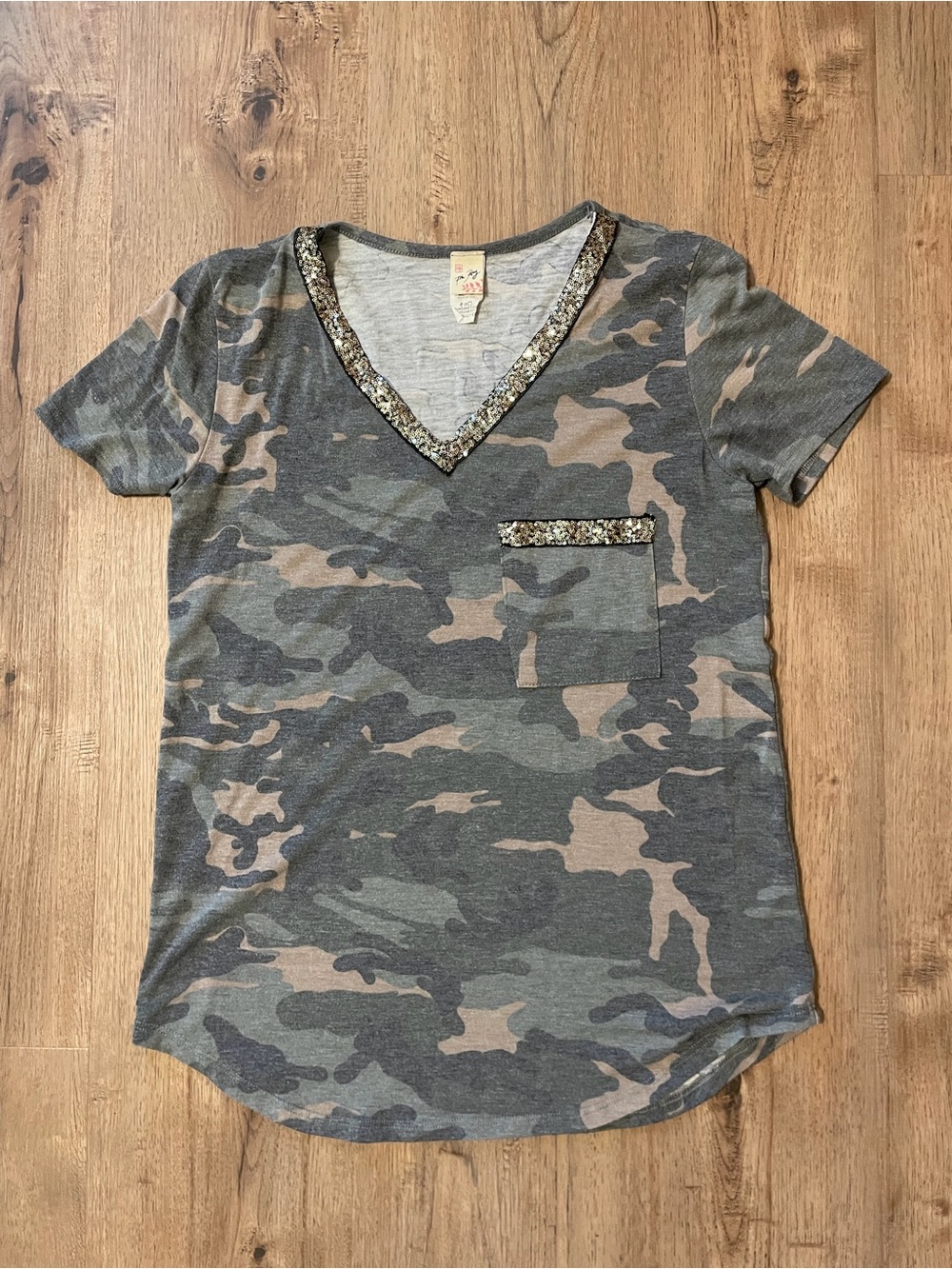 7th Ray Green Camo V-Neck Tee with Sequin Trim